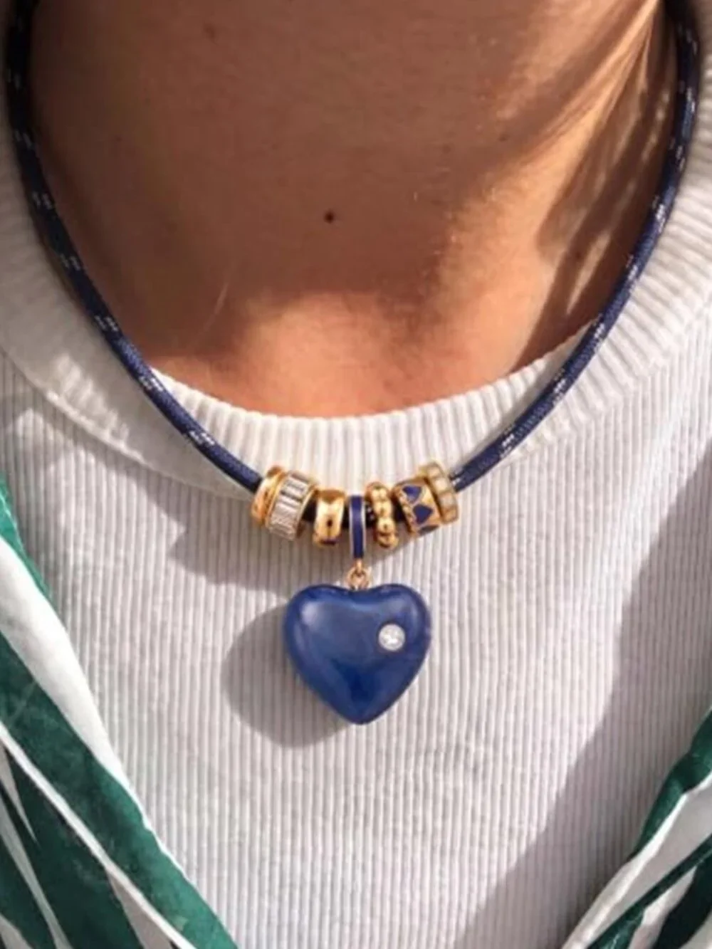Black Woven Cord Choker Navy Blue Heart Pendant Boho Necklace for Women